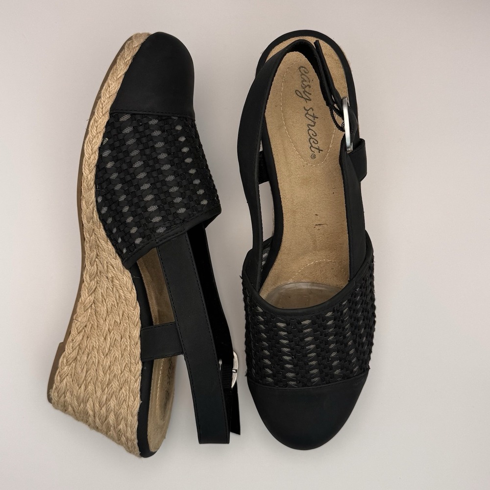 Easy Street Women's Espadrille Black Buckle Slingback 3inch Wedges Size 11 N